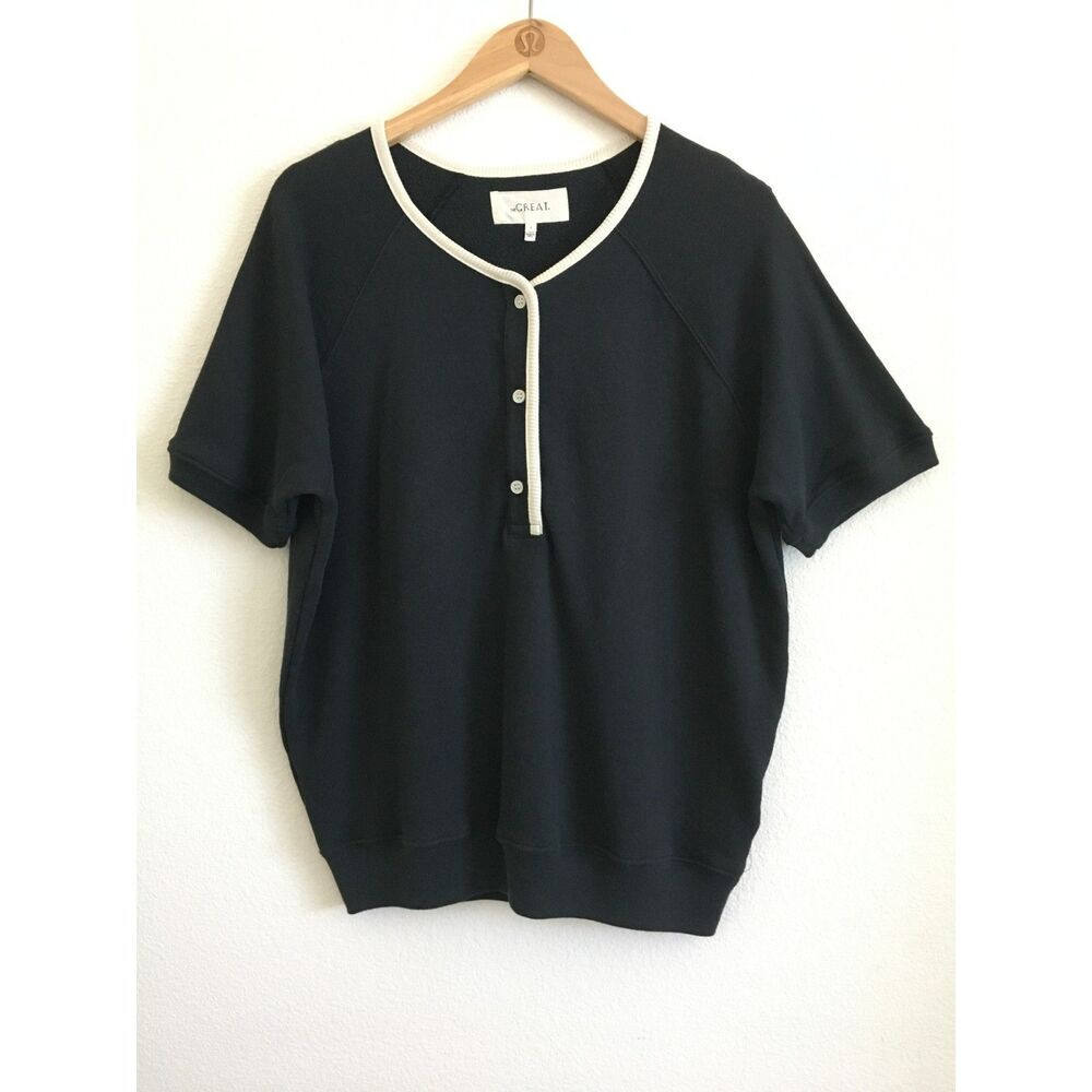 THE GREAT Short Sleeve Henley Sweatshirt Almost Black Size 2 NWT Made USA